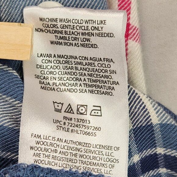 Woolrich Button Down Flannel Shirt Womens Sz L Blue Pink Plaid Long Tab Sleeve - Picture 7 of 7